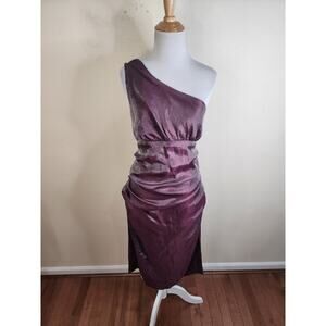 Suzi Chin Taffeta Ruched One Shoulder Dress Iridescent Plum Sheath Size 12